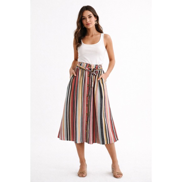 dāsh Dresses & Skirts - Dash Women XL Multi Color Striped Linen Blend Button Front Tie Waist Midi Skirt